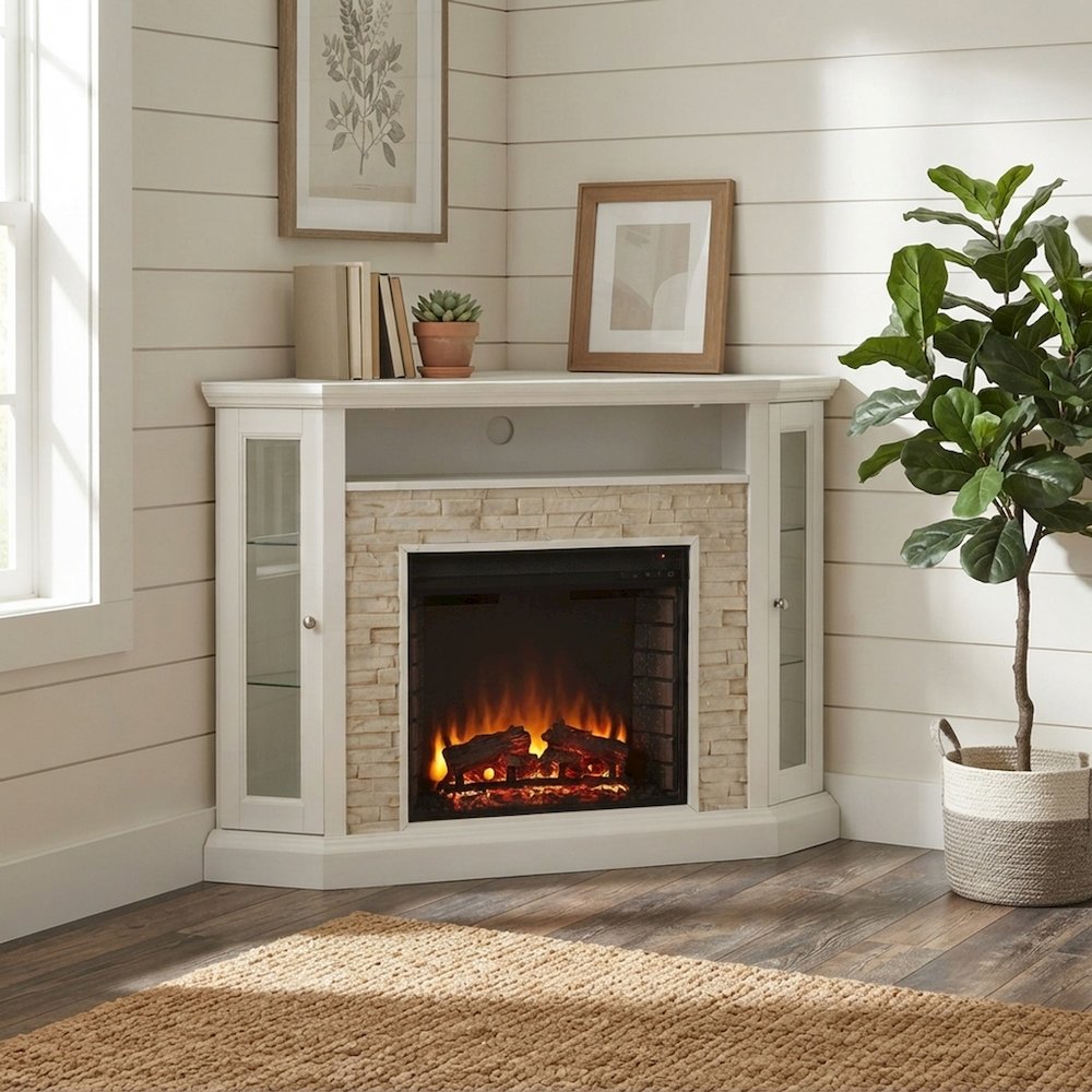 FurniFact Electric Fireplace with Mantel and Corner-Convertible Design