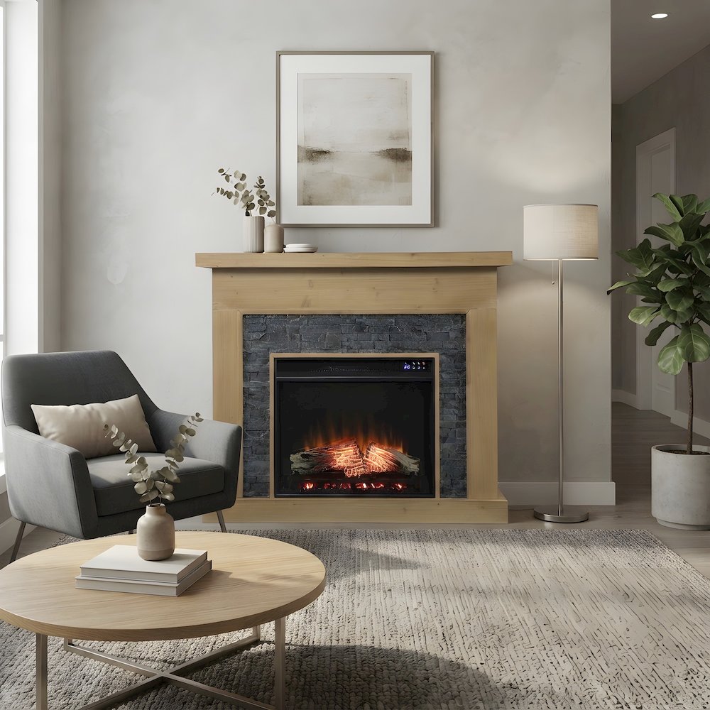 Fir Veneer Electric Fireplace with Faux Stone Surround and Touch Screen