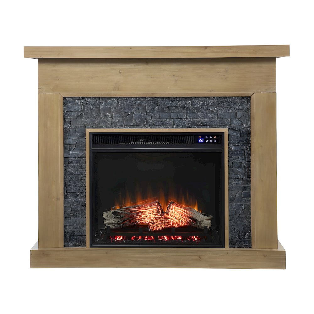 Fir Veneer Electric Fireplace with Faux Stone Surround and Touch Screen