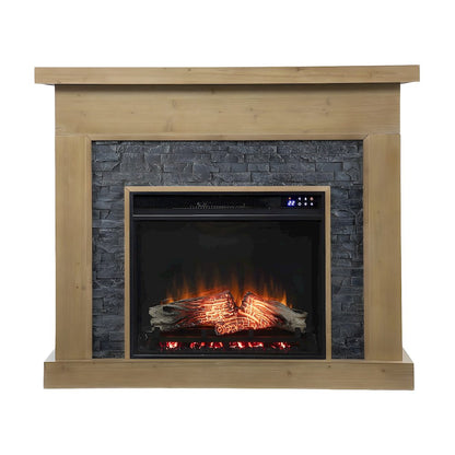 Fir Veneer Electric Fireplace with Faux Stone Surround and Touch Screen