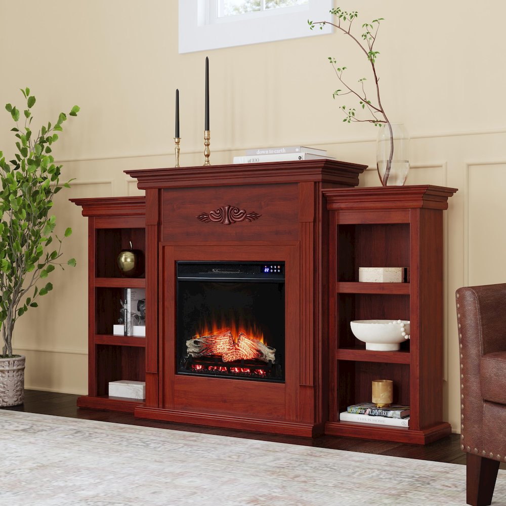 Tennyson Touch Screen Electric Fireplace with Bookcases - Mahogany