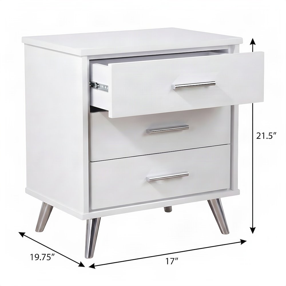 FurniFact Accent Table Nightstand with 3 Drawers and Veneer Top, White