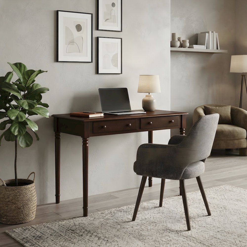 Wood Veneer Writing Desk with Drawers and Farmhouse Spindle Legs for Entryway