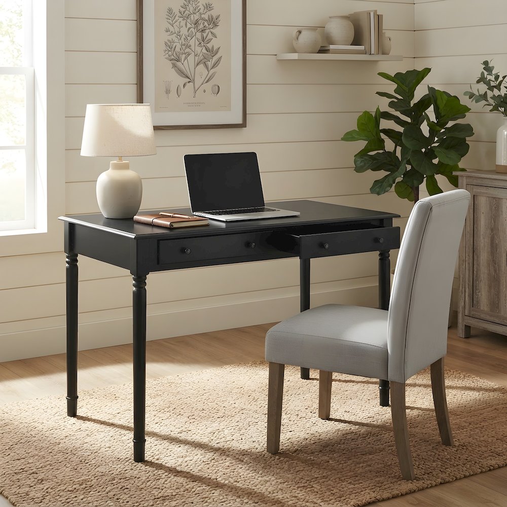 Wood Veneer Writing Desk with Drawers and Spindle Legs, Farmhouse Style