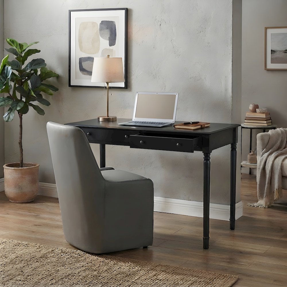 Wood Veneer Writing Desk with Drawers and Spindle Legs, Farmhouse Style