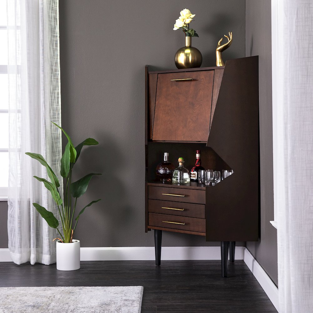 Larson Corner Bar Cabinet - Dark Tobacco