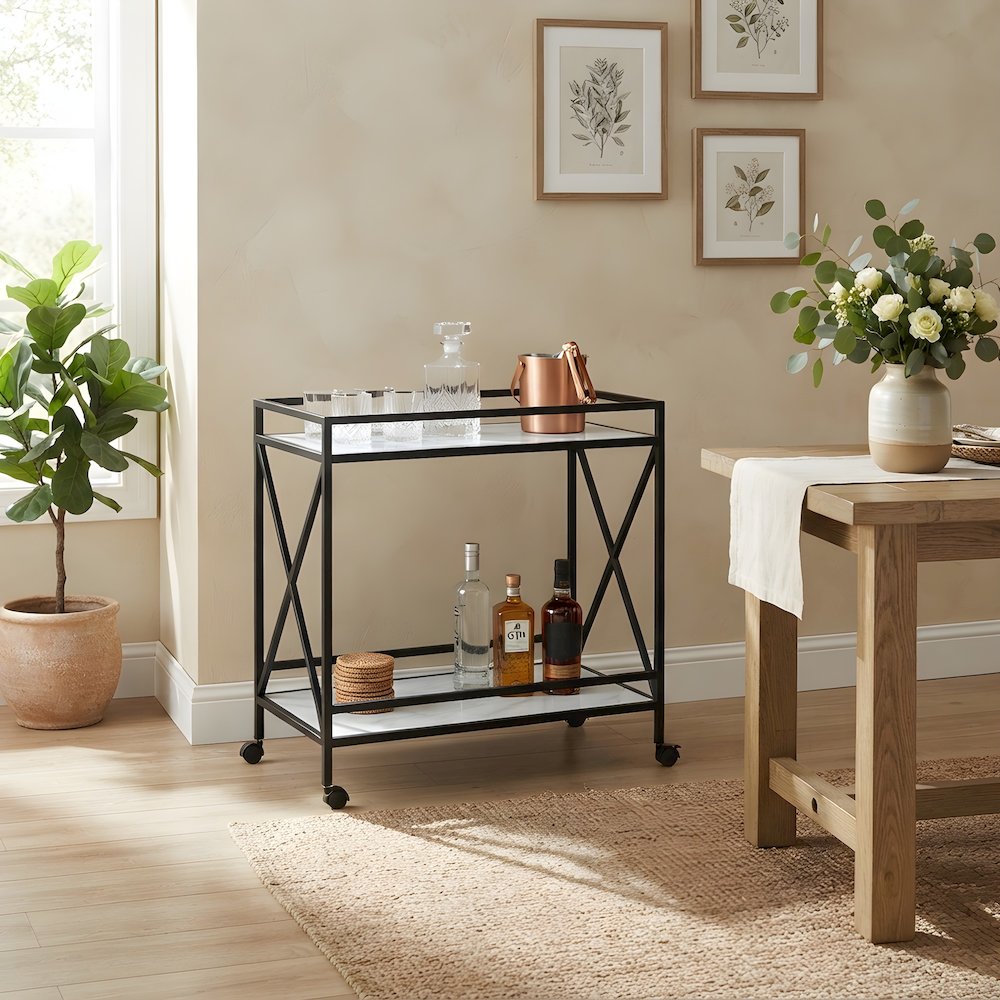 Metal Two-Tier Bar Cart with Tempered Glass Shelf, Powder-Coated with Storage