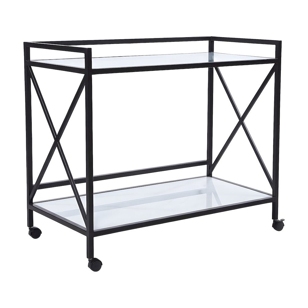 Metal Two-Tier Bar Cart with Tempered Glass Shelf, Powder-Coated with Storage