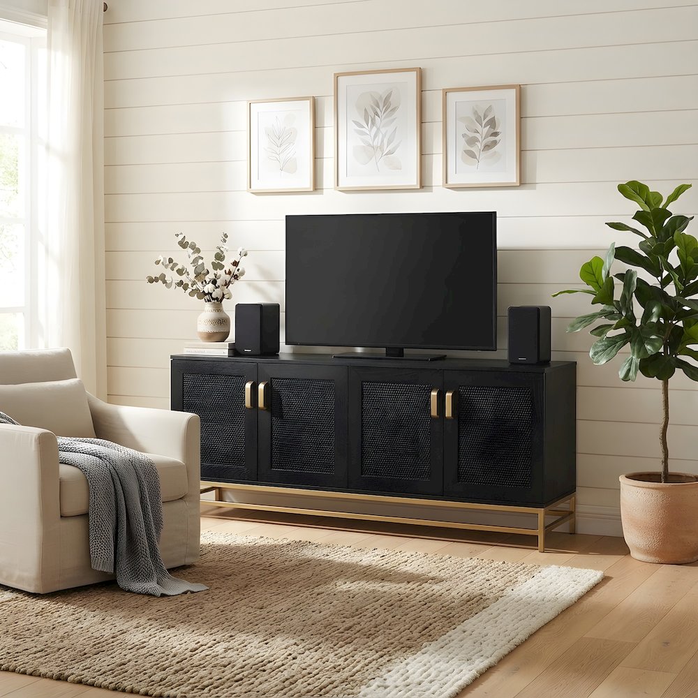 Ash Veneer and Rattan TV Stand with Contemporary 4-Door Cabinet Storage