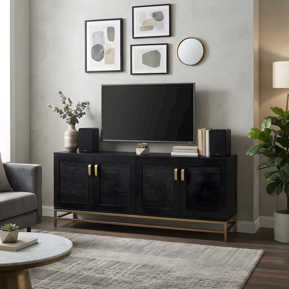 Ash Veneer and Rattan TV Stand with Contemporary 4-Door Cabinet Storage