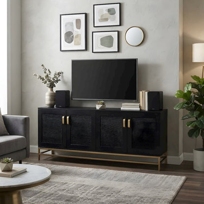 Ash Veneer and Rattan TV Stand with Contemporary 4-Door Cabinet Storage