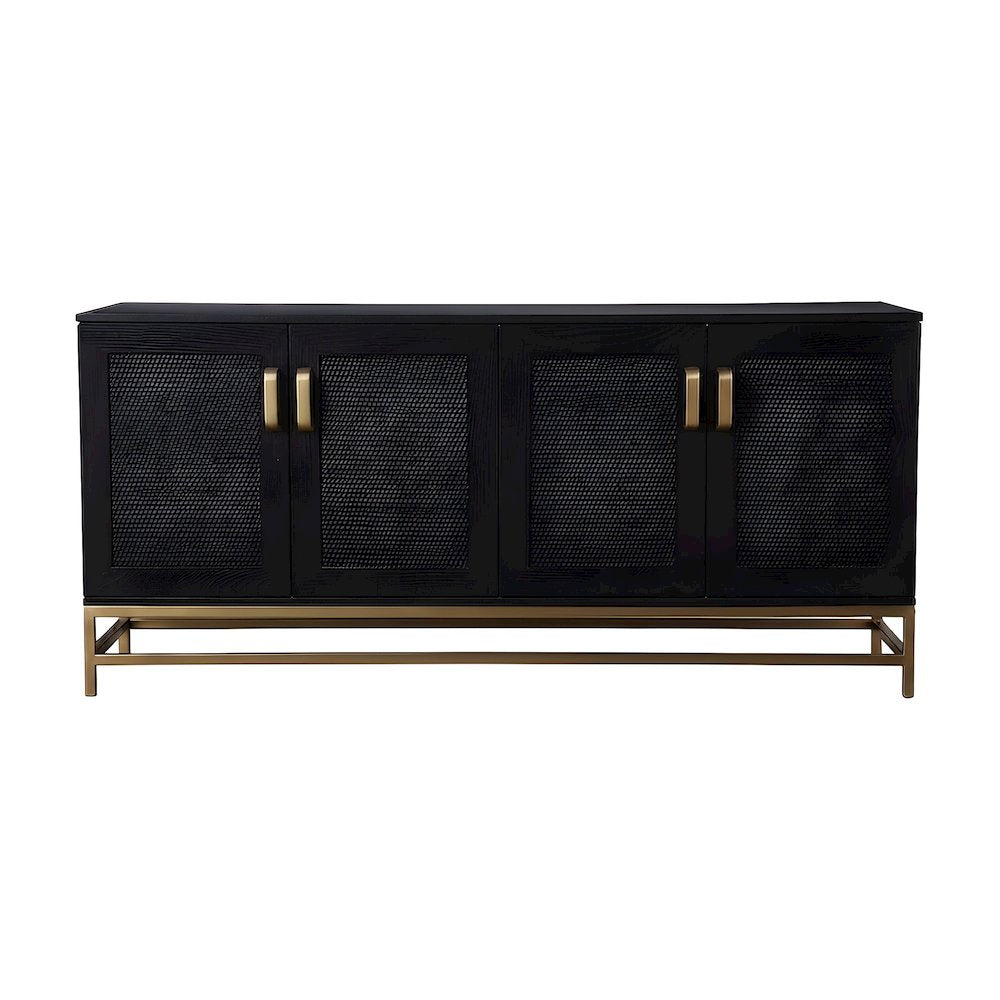 Ash Veneer and Rattan TV Stand with Contemporary 4-Door Cabinet Storage