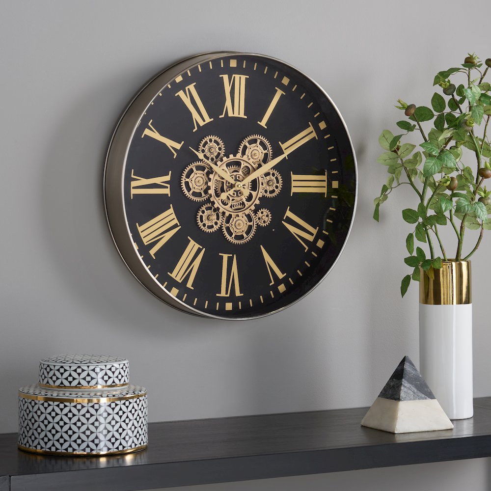 Thatcher Roman Gear Clock/Black/Gold