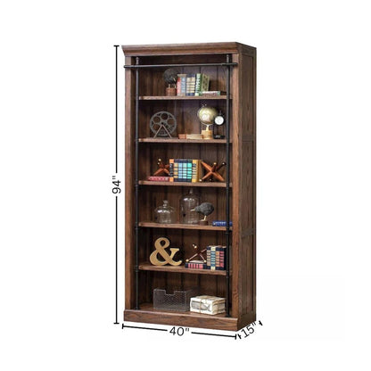 8 Foot Bookcase Wall, Ladder, Adjustable Shelves, Brown