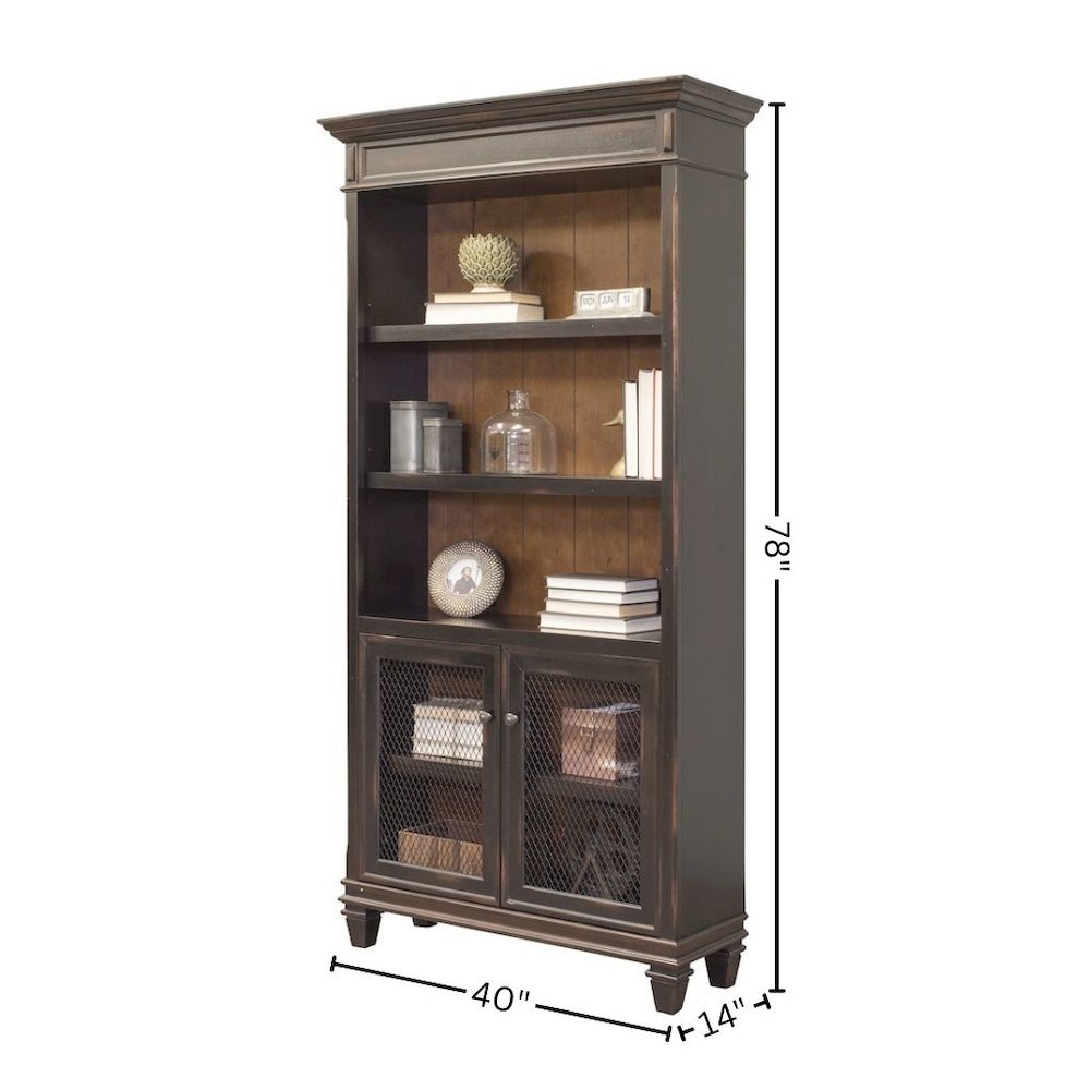 Wood Bookcase With Doors, 3 Adjustable Shelves, Fixed Shelf, Black