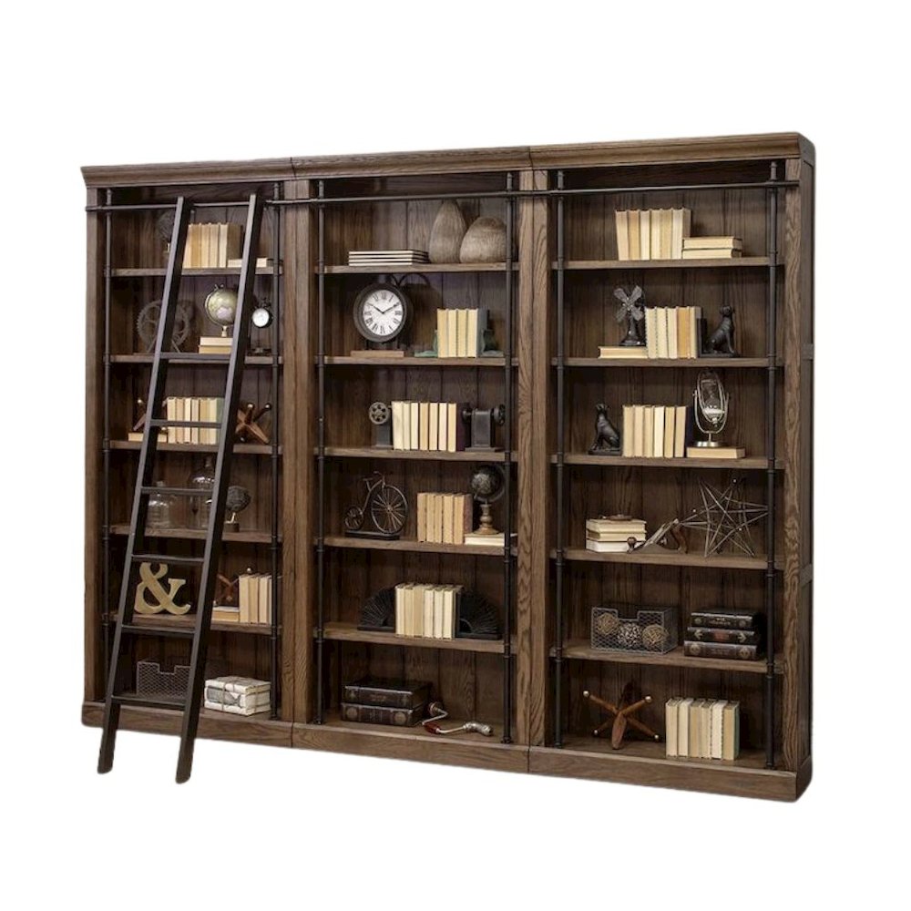 8-Foot Tall 3-Bookcase Wall with Ladder, 5 Adjustable Shelves, Brown
