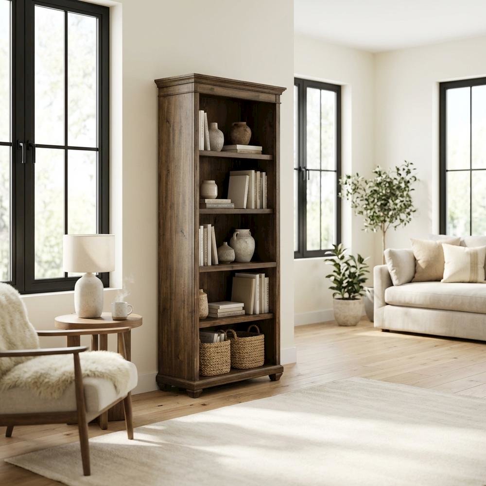 Wood Bookcase With Doors, 3 Adjustable Shelves, Fixed Shelf, Brown