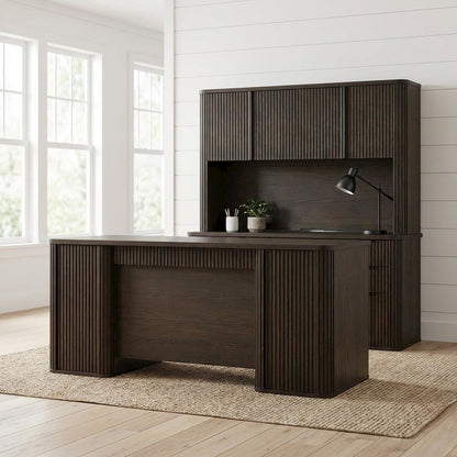Brown executive hutch with wood doors, fully assembled, spacious storage