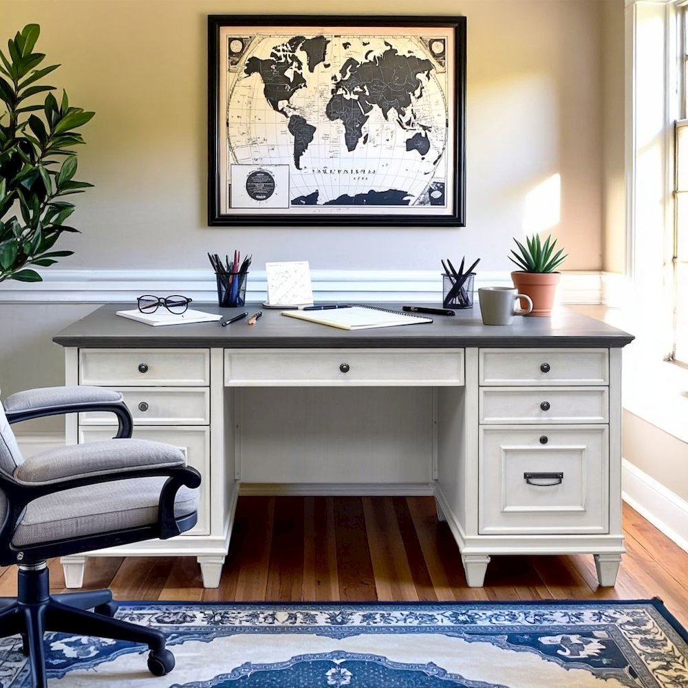 White Wooden Executive Office Desk with Drawers for Home Workspaces