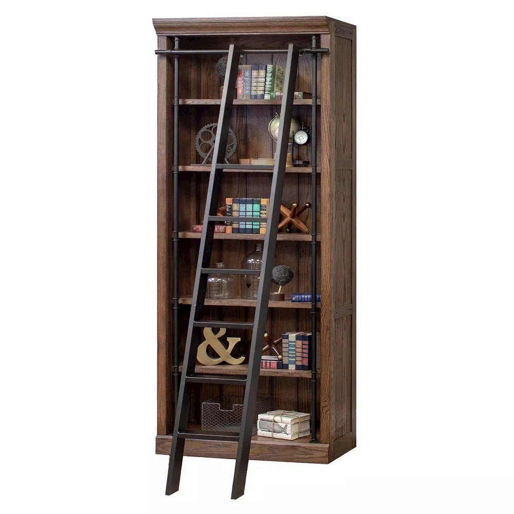 8-Foot Tall Wood Bookcase with 5 Adjustable Shelves, Steel Frame, Brown