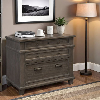 Gray Wood File Cabinet with Lock, Lateral 3 Drawer Storage Unit