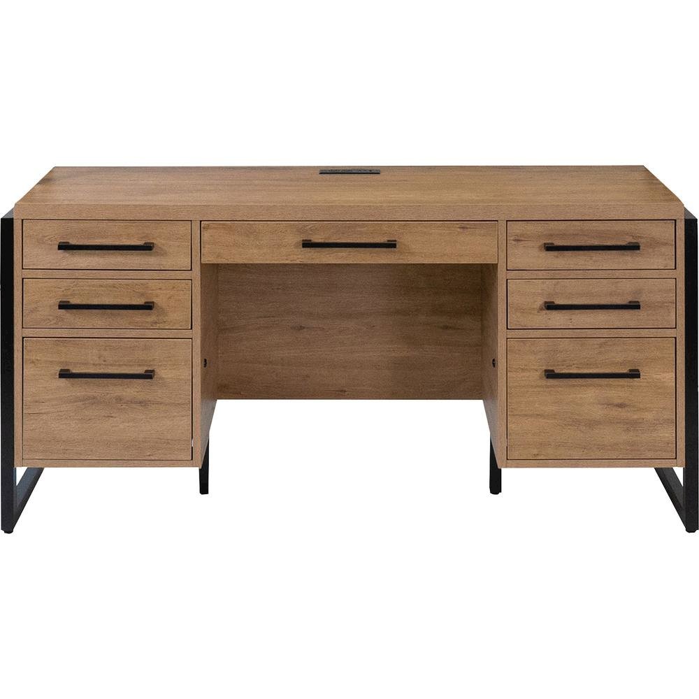 Wood Laminate Office Desk, 7 Drawers, 2 Locking File, Brown