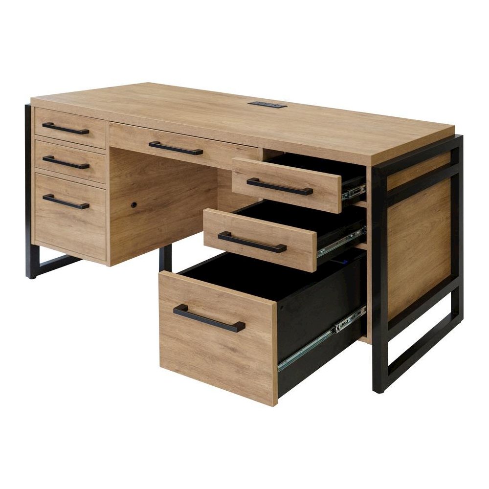 Wood Laminate Office Desk, 7 Drawers, 2 Locking File, Brown