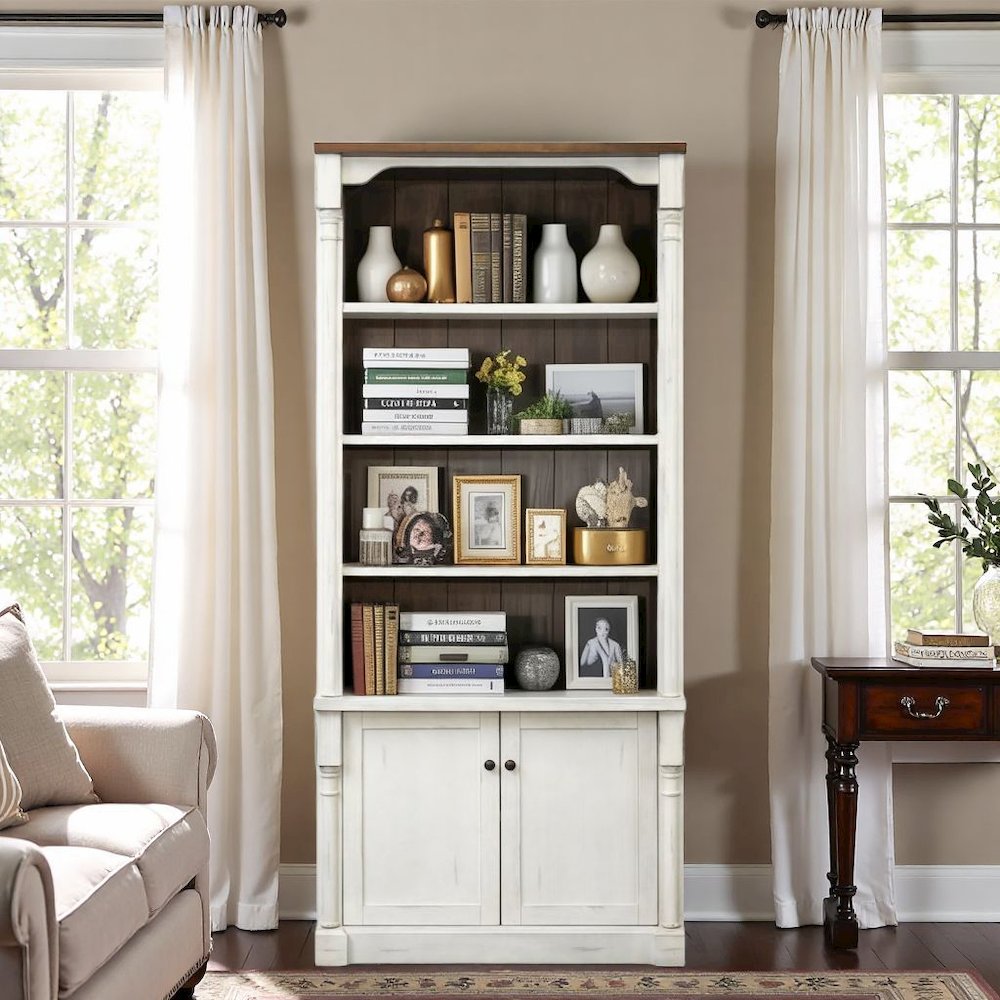 Tall Bookshelf With Doors – White Wood Bookcase With Storage Shelving