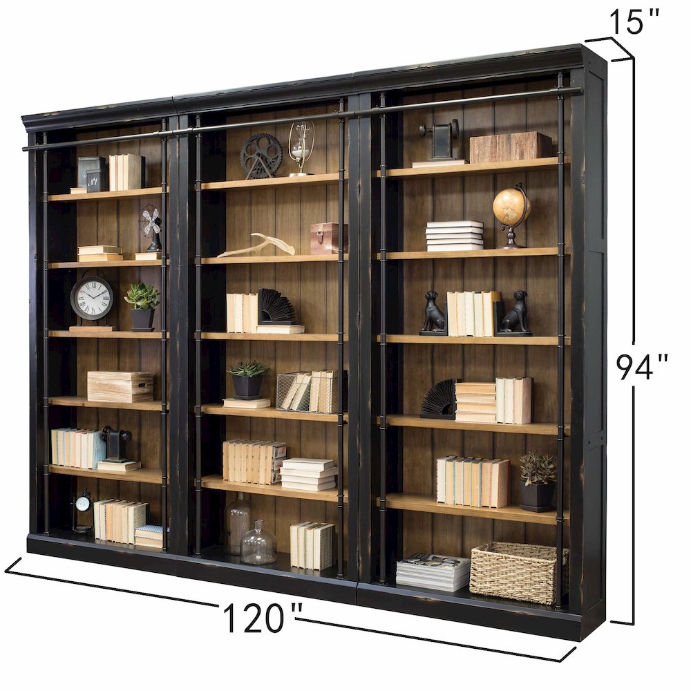 Toulouse Three 8' Tall Bookcase Wall With Ladder, Storage