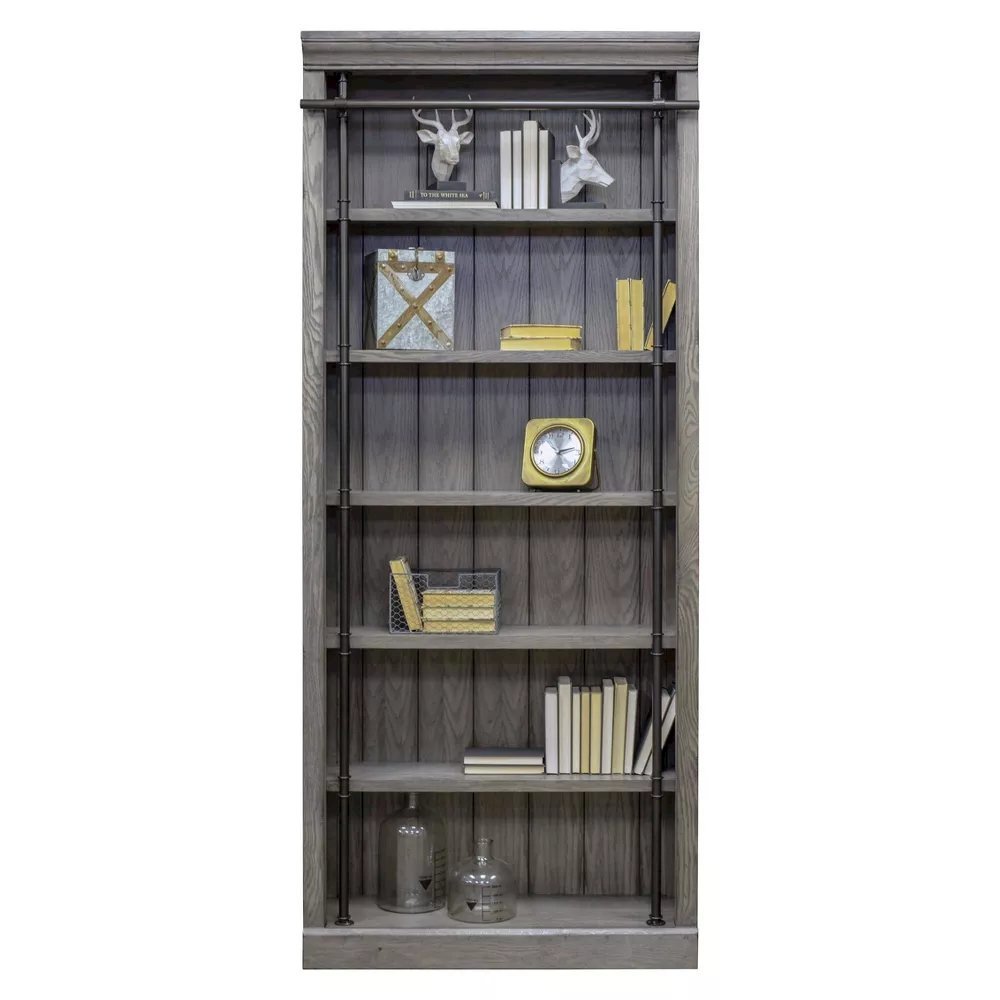 8-Foot Tall Wood Bookcase, 5 Adjustable Shelves, Ringed Steel Frame, Gray Wood