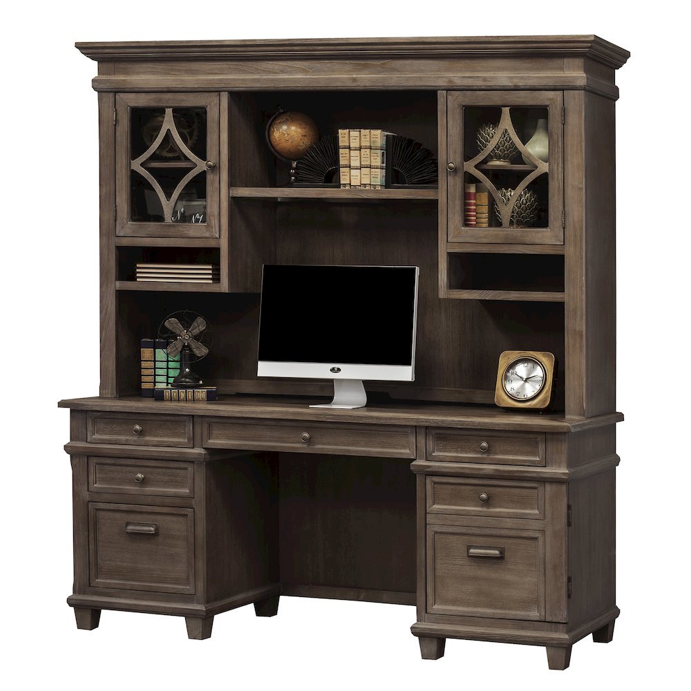Wood Hutch with Glass Doors, 3 Adjustable Shelves, 2 Open Compartments, Gray