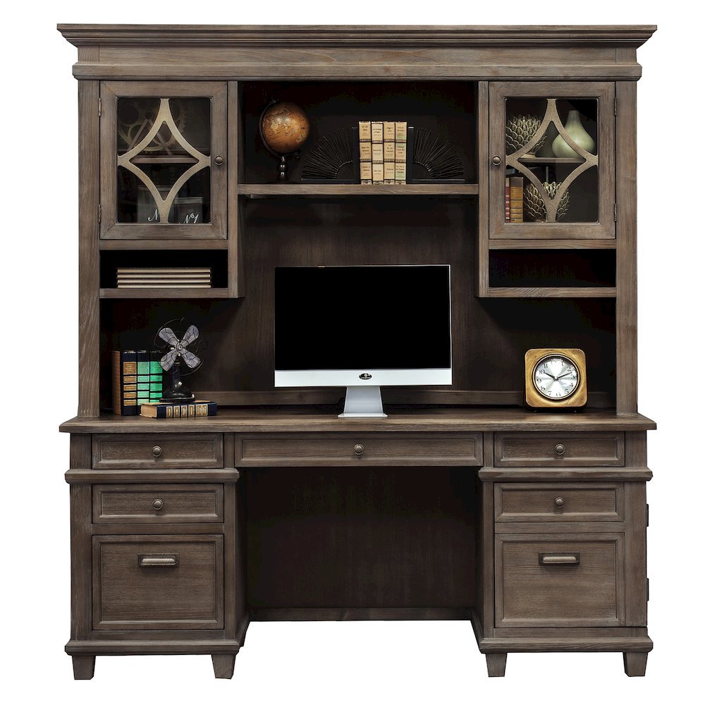 Wood Hutch with Glass Doors, 3 Adjustable Shelves, 2 Open Compartments, Gray