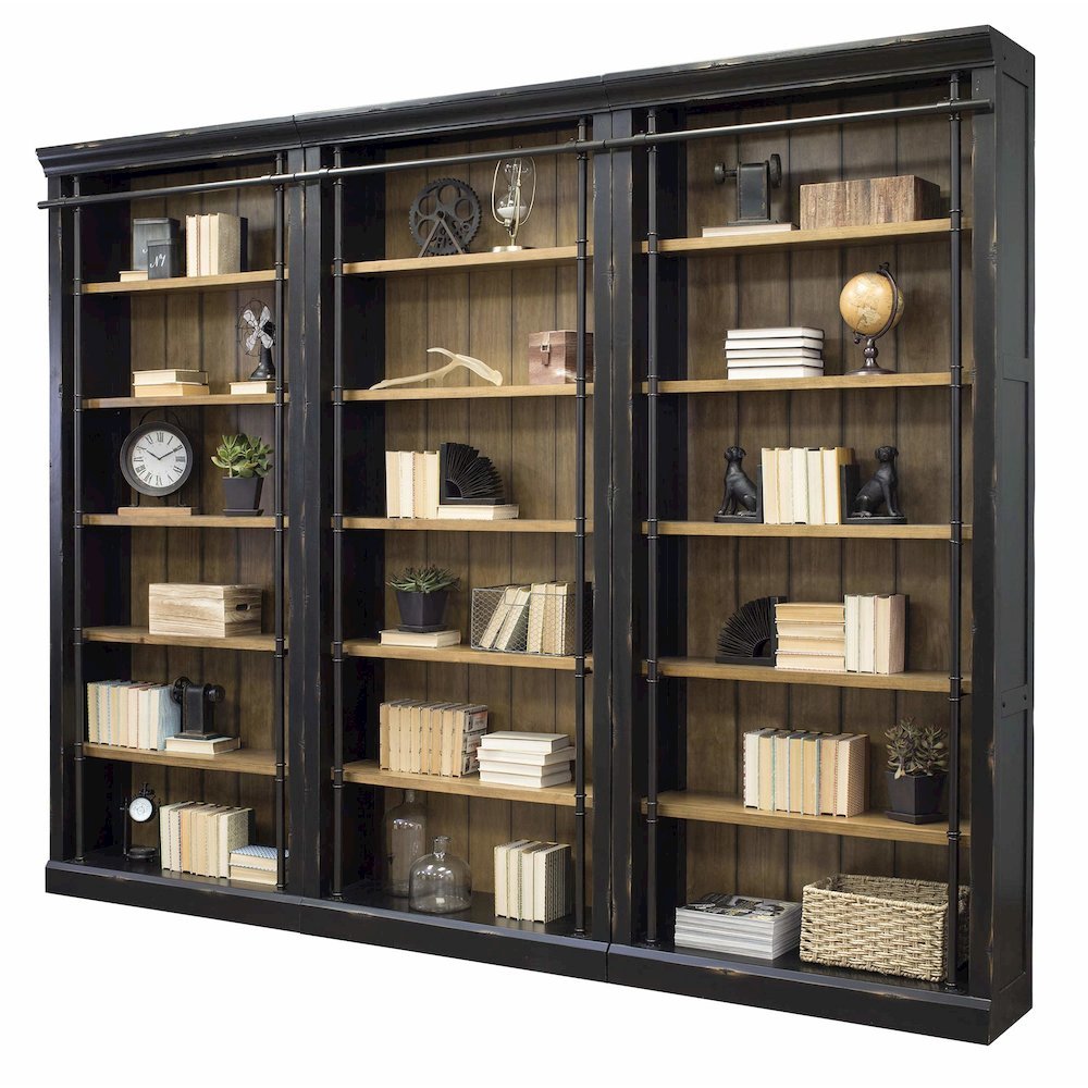 8-Foot Tall 3-Bookcase Wall with Ladder, 12 Adjustable, 3 Fixed Shelves, Black