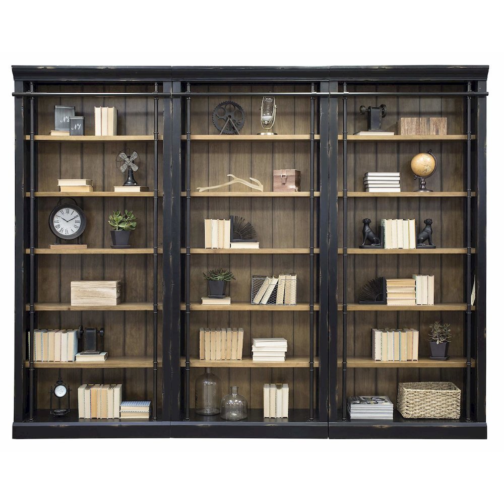 8-Foot Tall 3-Bookcase Wall with Ladder, 12 Adjustable, 3 Fixed Shelves, Black