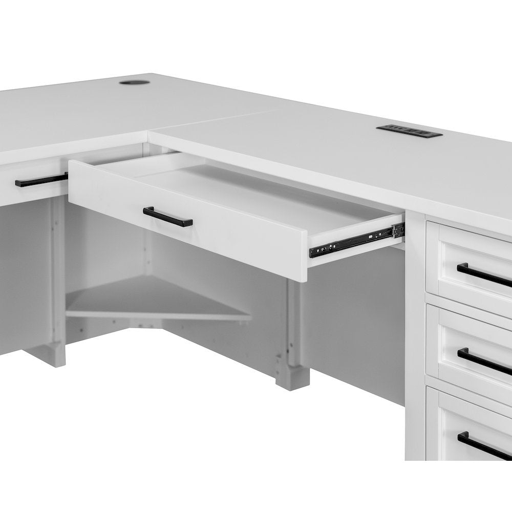 Wood L-Desk & Return, 6 Drawers, 2 Locking Files, Power Center, White