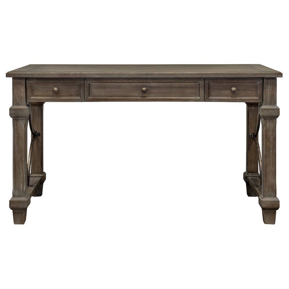 Wood Writing Desk, 3 Drawers, Power Center, Charging Shelf, Gray Finish