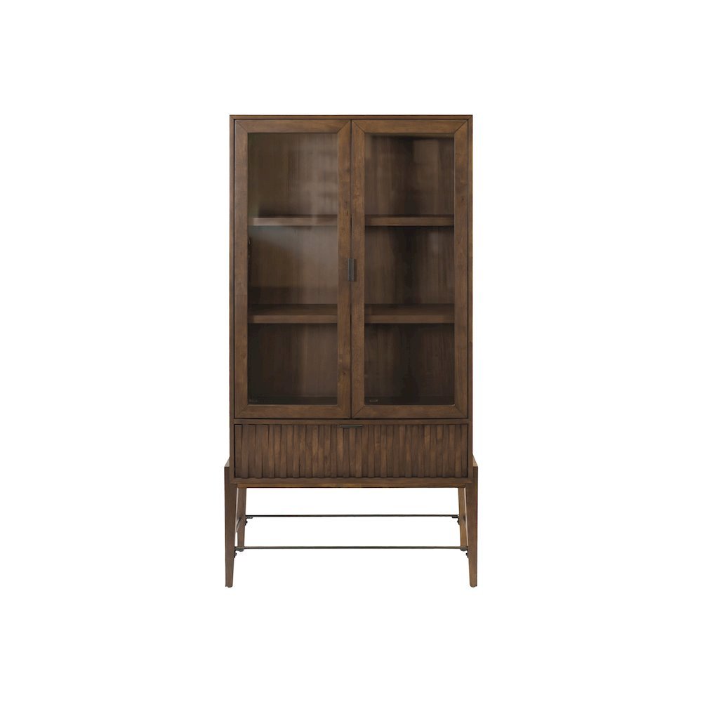 Glass Door Bookcase with Storage Drawer and Adjustable Shelves, Brown Finish