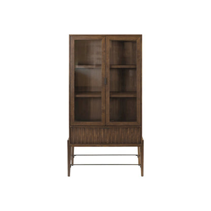 Glass Door Bookcase with Storage Drawer and Adjustable Shelves, Brown Finish