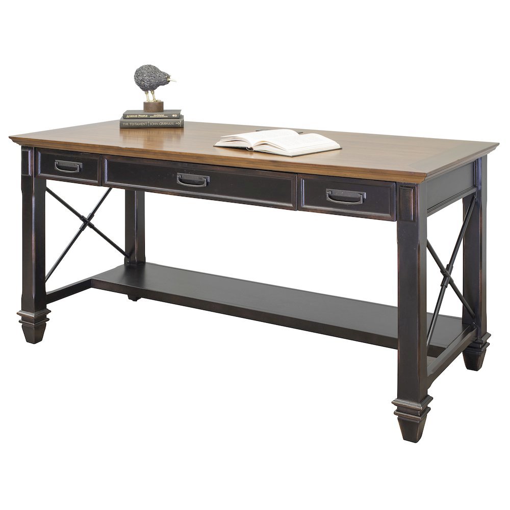 Wood Writing Desk, 3 Drawers, Power Center, Finished on All Sides, Brown