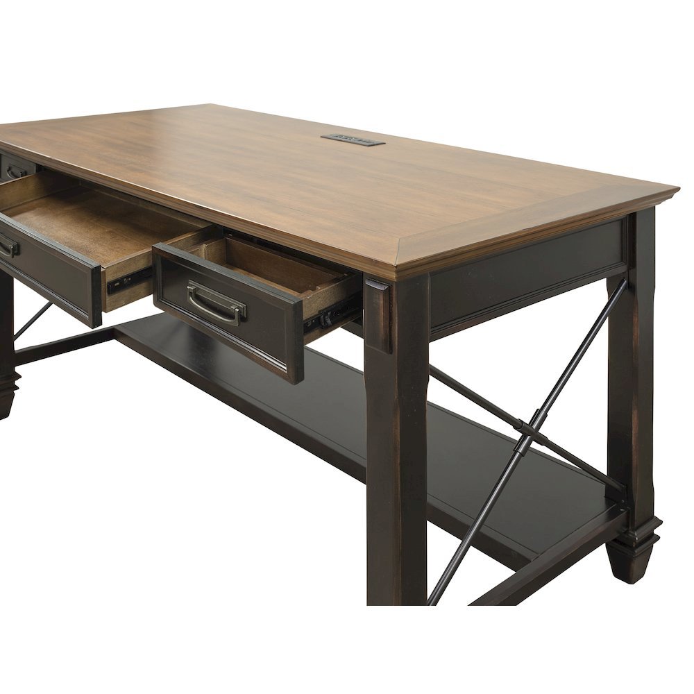 Wood Writing Desk, 3 Drawers, Power Center, Finished on All Sides, Brown