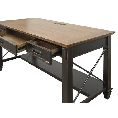Wood Writing Desk, 3 Drawers, Power Center, Finished on All Sides, Brown