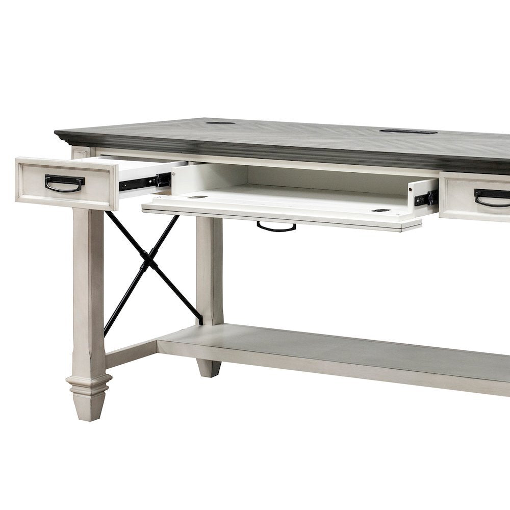 Wood Writing Desk, 3 Utility Drawers, Power Center, Charging Shelf, White