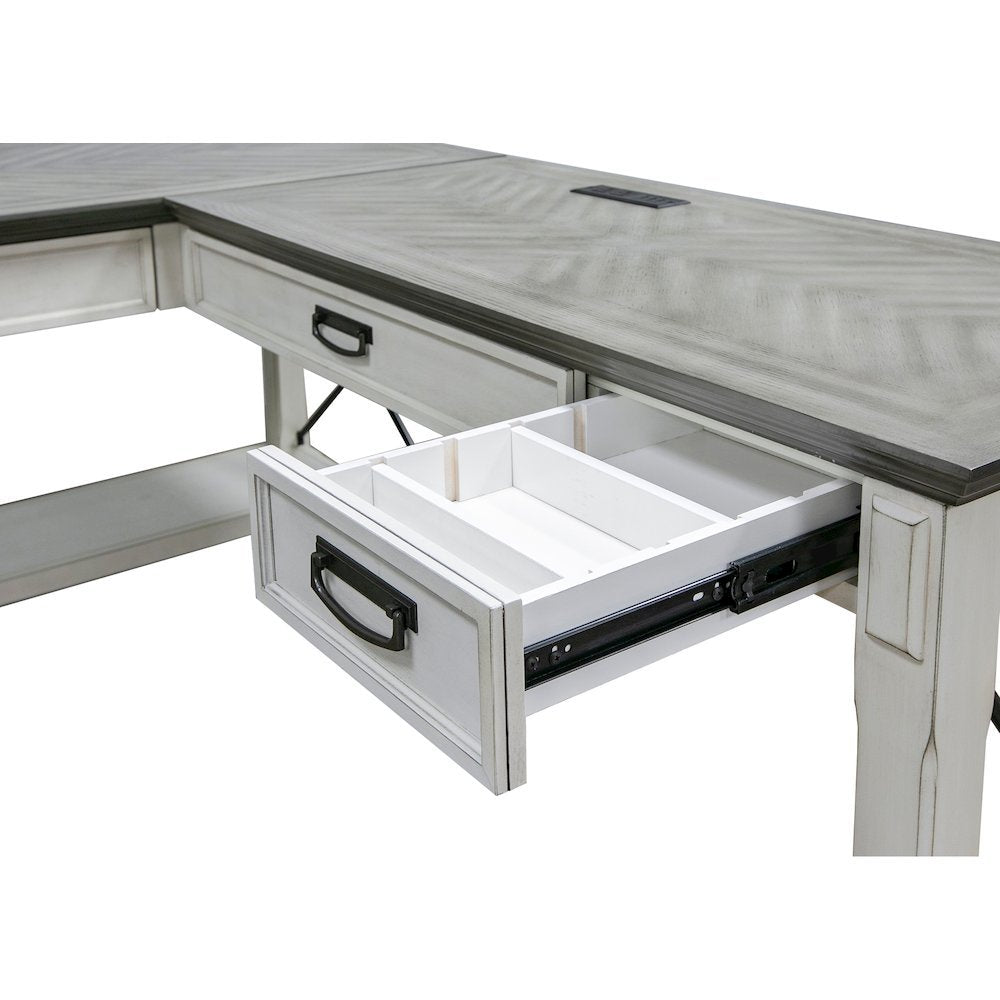 Wood Open L-Desk and Return, 4 Drawers, Power Center, White