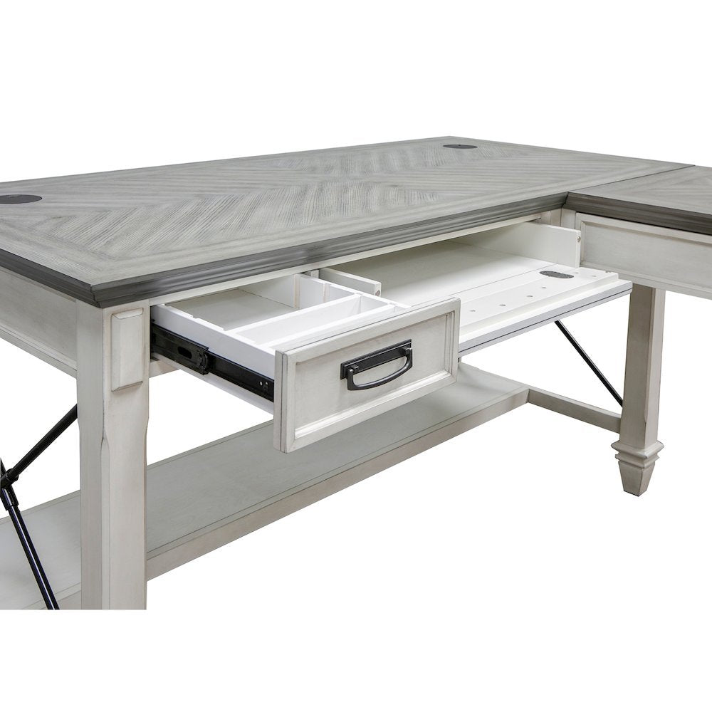 Wood Open L-Desk and Return, 4 Drawers, Power Center, White