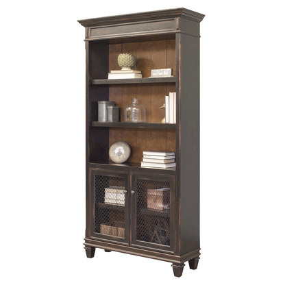 Wood Bookcase With Doors, 3 Adjustable Shelves, Fixed Shelf, Black