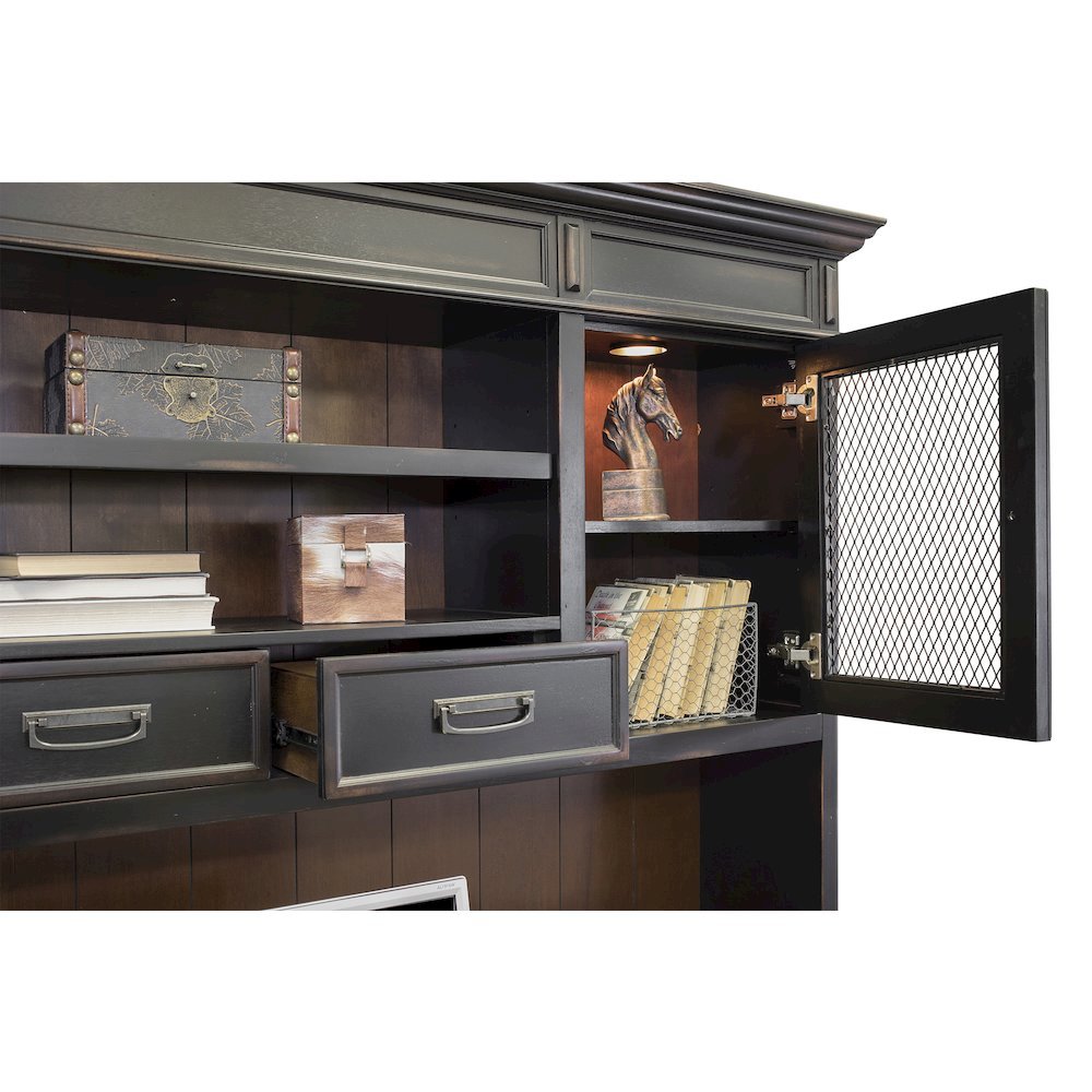 Wood Hutch, Wire Mesh Doors, 2 Utility Drawers, Black