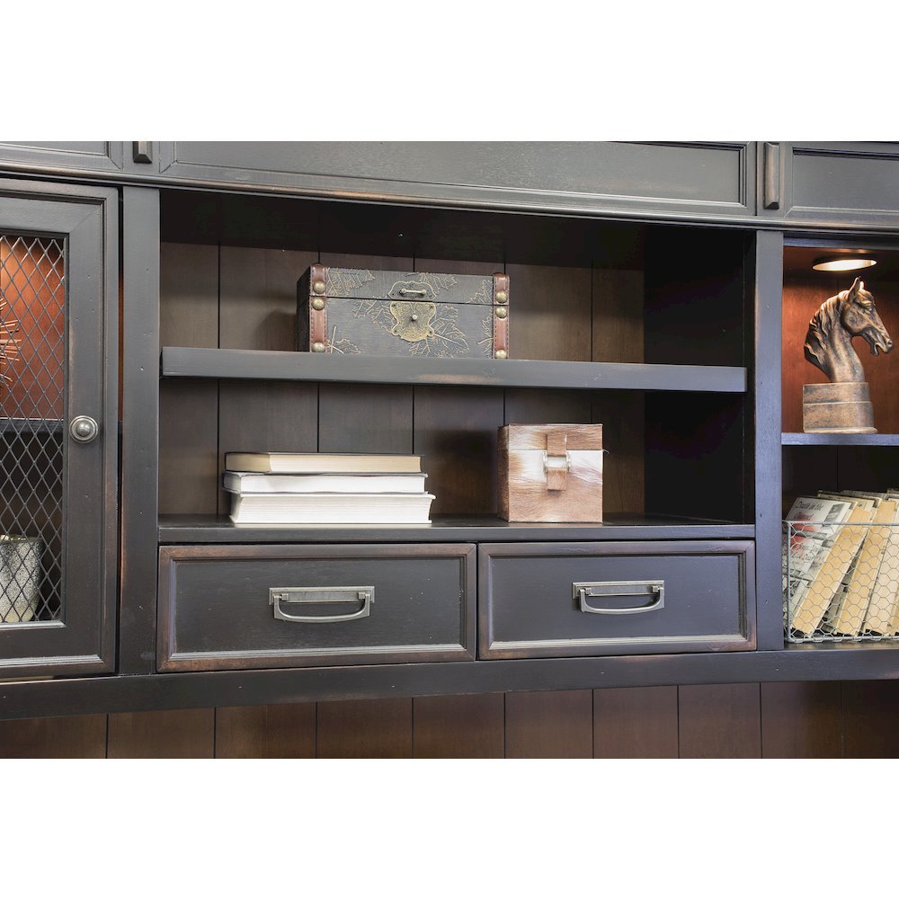 Wood Hutch, Wire Mesh Doors, 2 Utility Drawers, Black