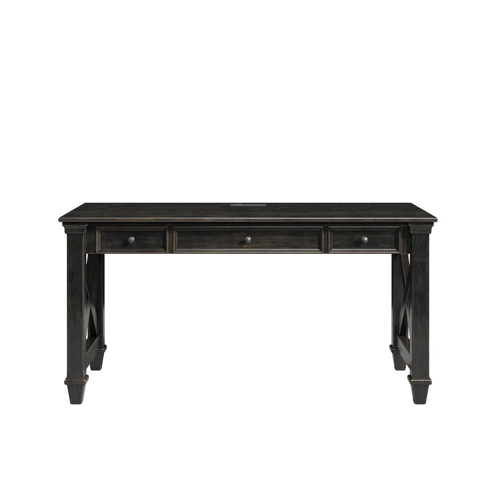 Traditional Wood Writing Desk, 3 Drawers, Power Center, Dark Brown