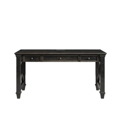 Traditional Wood Writing Desk, 3 Drawers, Power Center, Dark Brown
