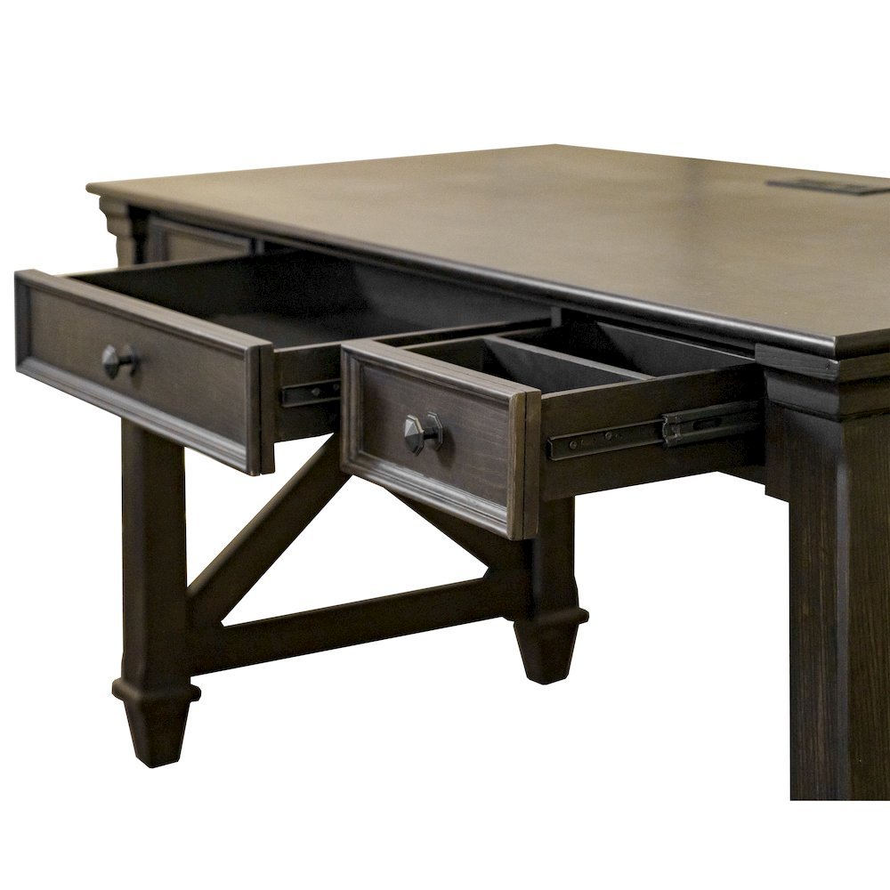 Traditional Wood Writing Desk, 3 Drawers, Power Center, Dark Brown